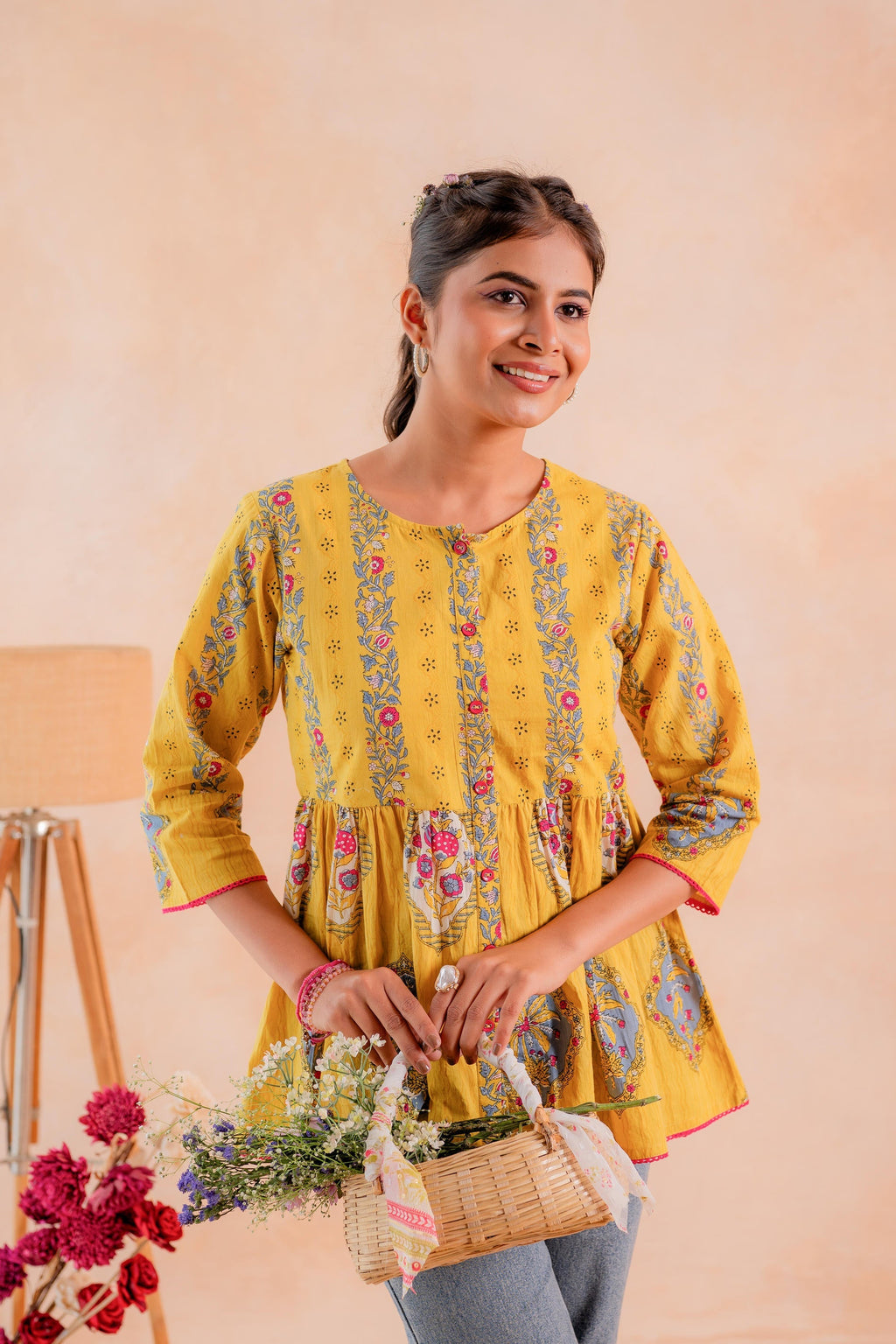 Juniper Mustard Printed Flared Ethnic Tunic with Button Placket