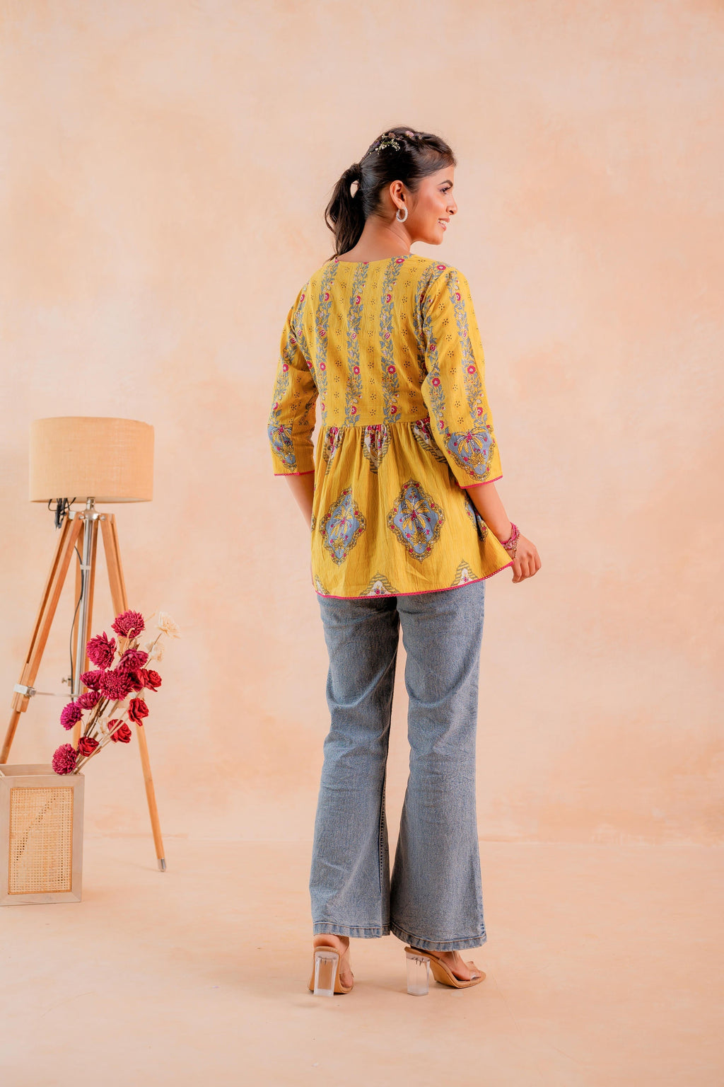Juniper Mustard Printed Flared Ethnic Tunic with Button Placket