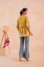 Juniper Mustard Printed Flared Ethnic Tunic with Button Placket