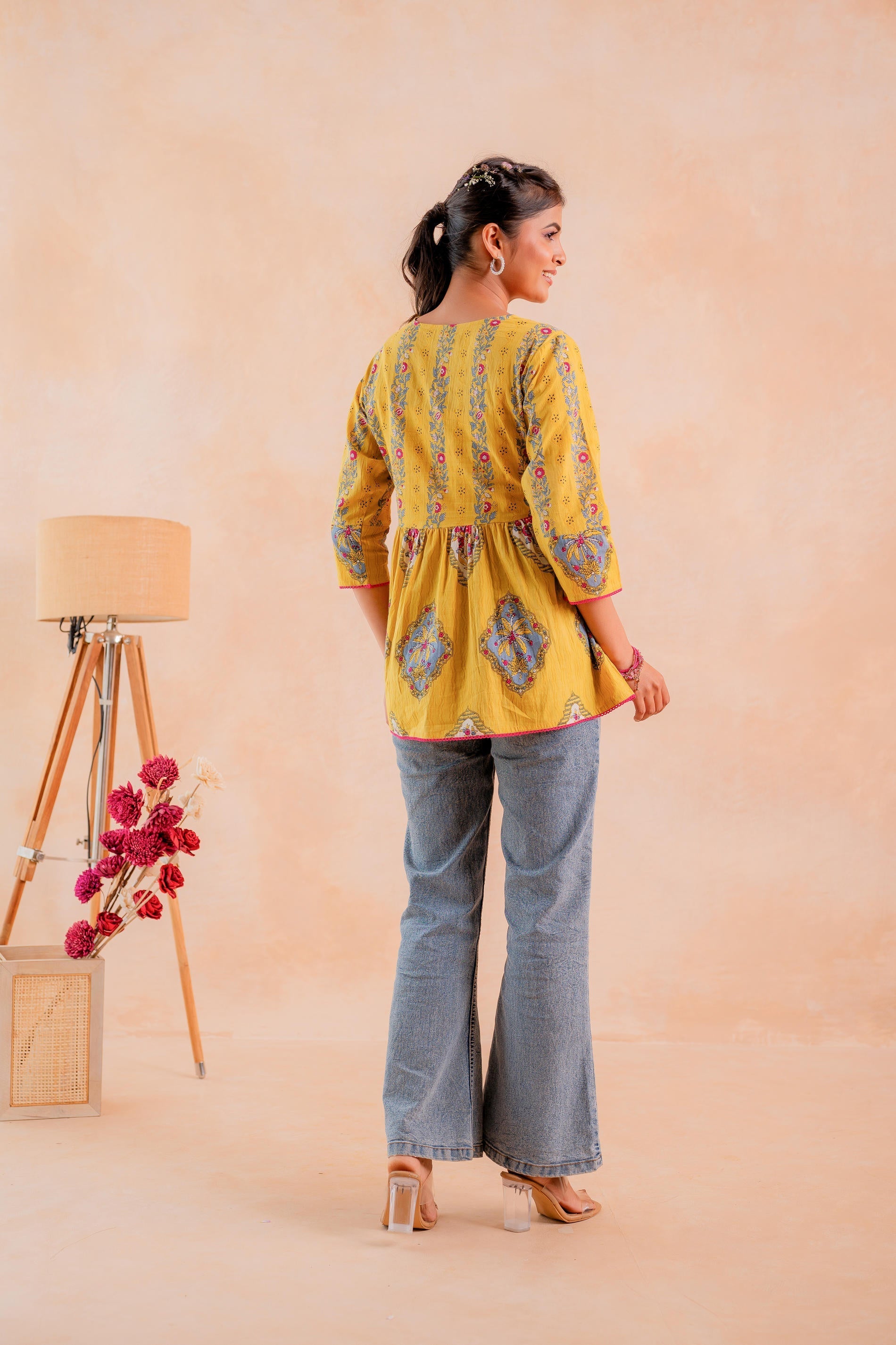 Juniper Mustard Printed Flared Ethnic Tunic with Button Placket