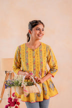 Juniper Mustard Printed Flared Ethnic Tunic with Button Placket