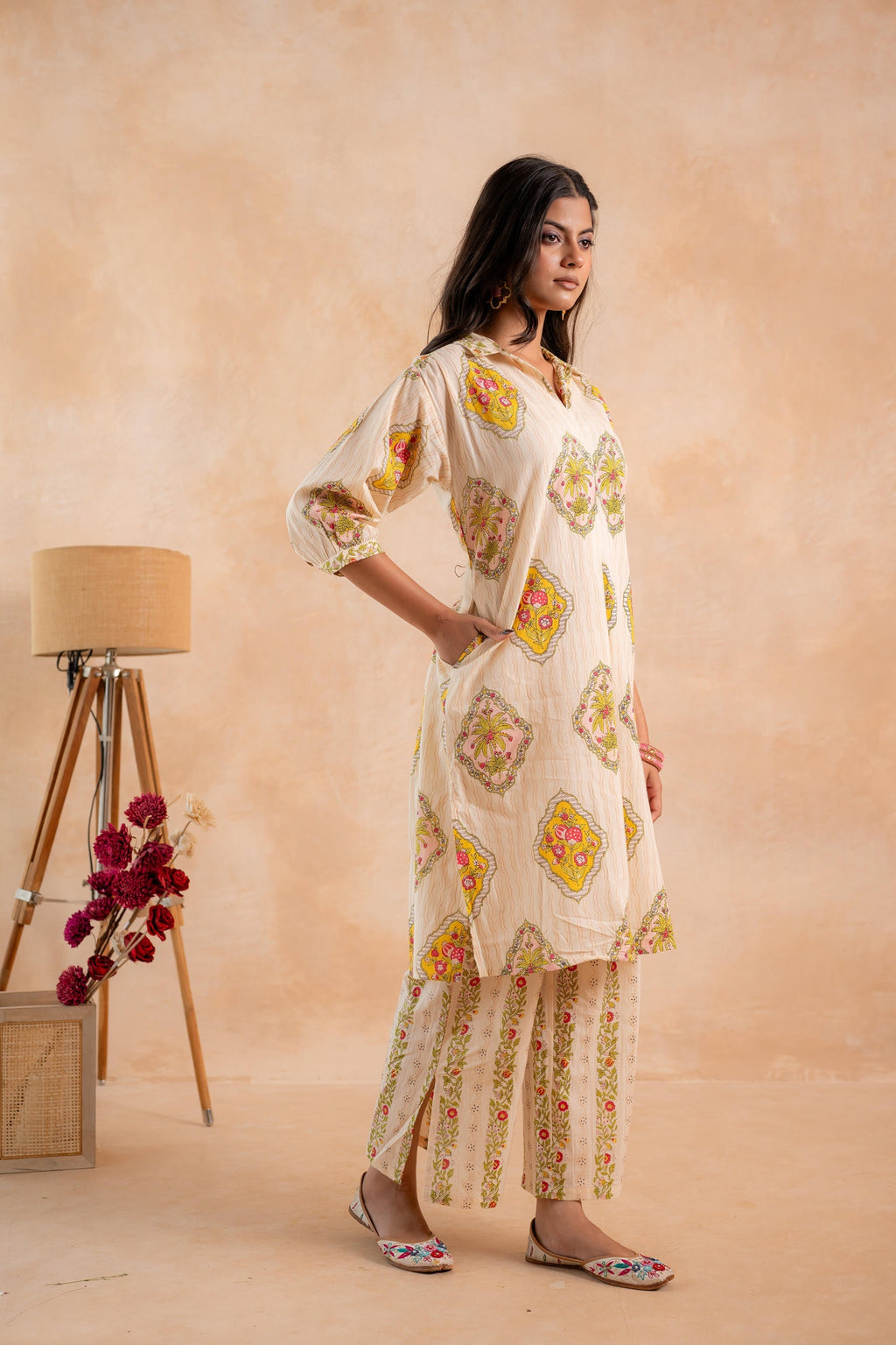 Juniper Beige Heritage Print Kurta And Pant Set - Distacart