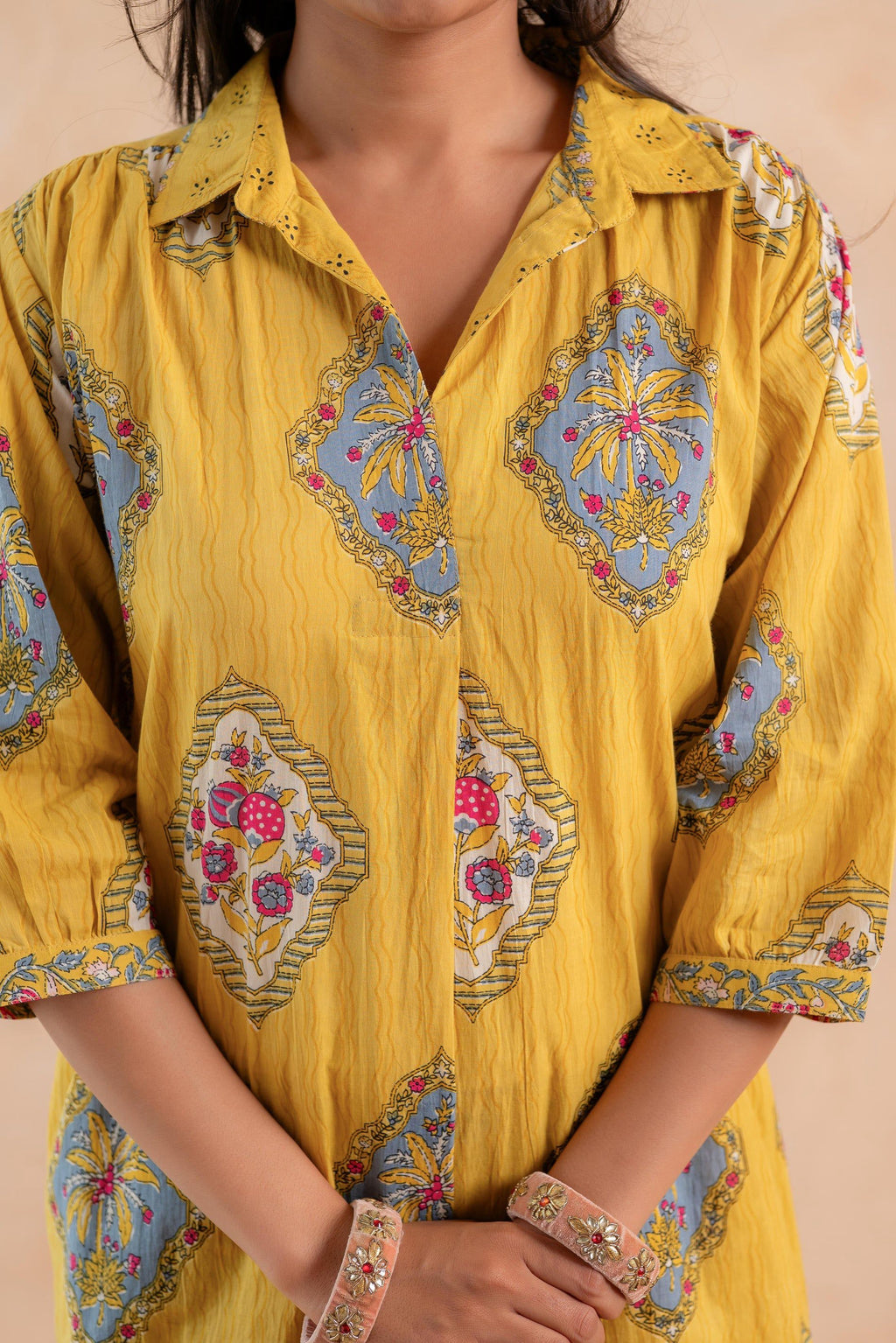 Juniper Mustard Heritage Print Kurta And Pant Set - Distacart