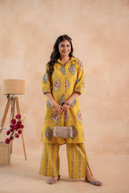 Juniper Mustard Heritage Print Kurta And Pant Set - Distacart