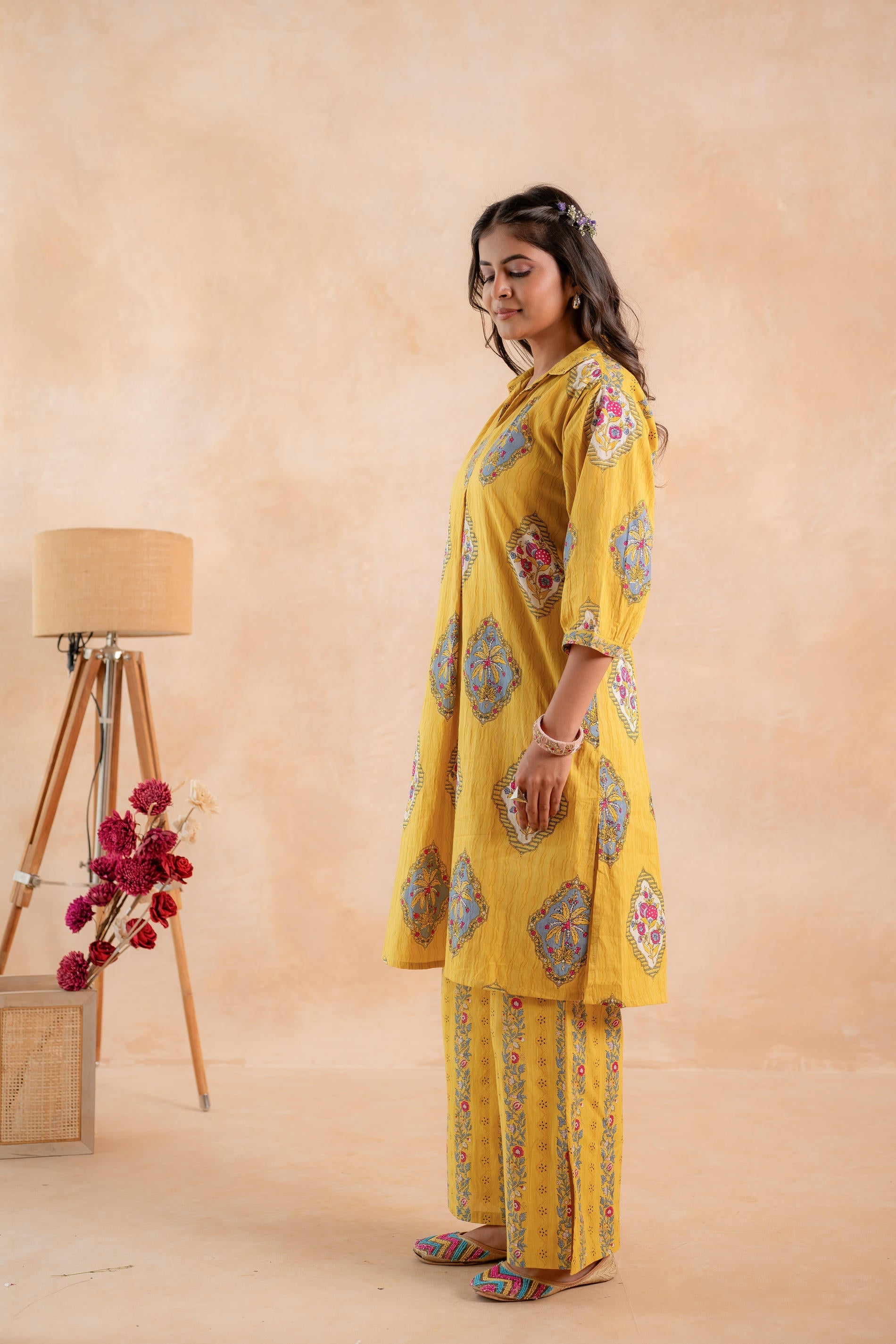 Juniper Mustard Heritage Print Kurta And Pant Set - Distacart