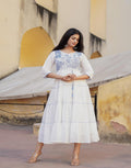 Juniper White Tiered Ethnic Maxi Dress with Powder Blue Floral Embroidery - Distacart