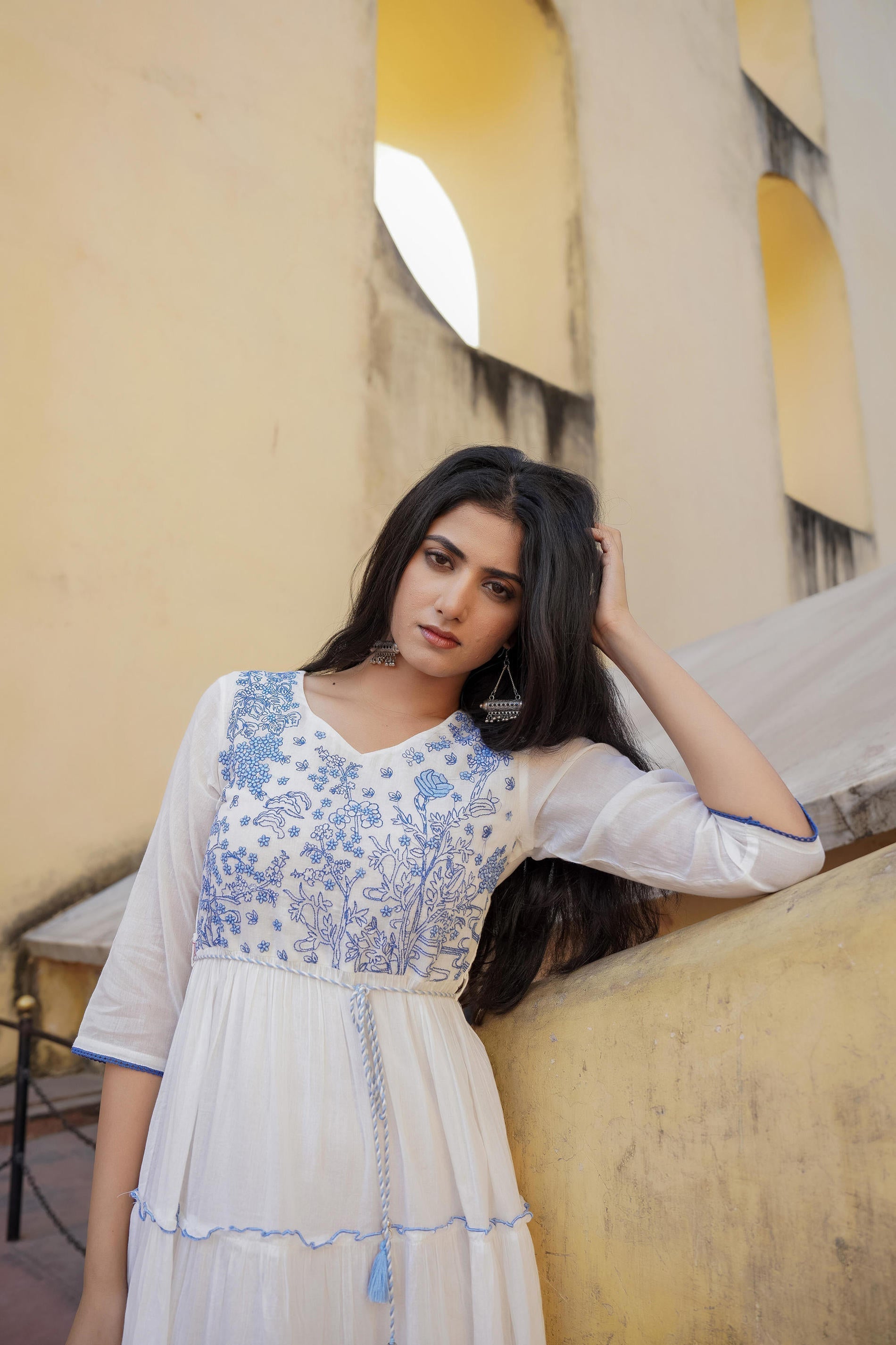 Juniper White Tiered Ethnic Maxi Dress with Powder Blue Floral Embroidery - Distacart