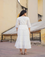 Juniper White Tiered Ethnic Maxi Dress with Powder Blue Floral Embroidery - Distacart