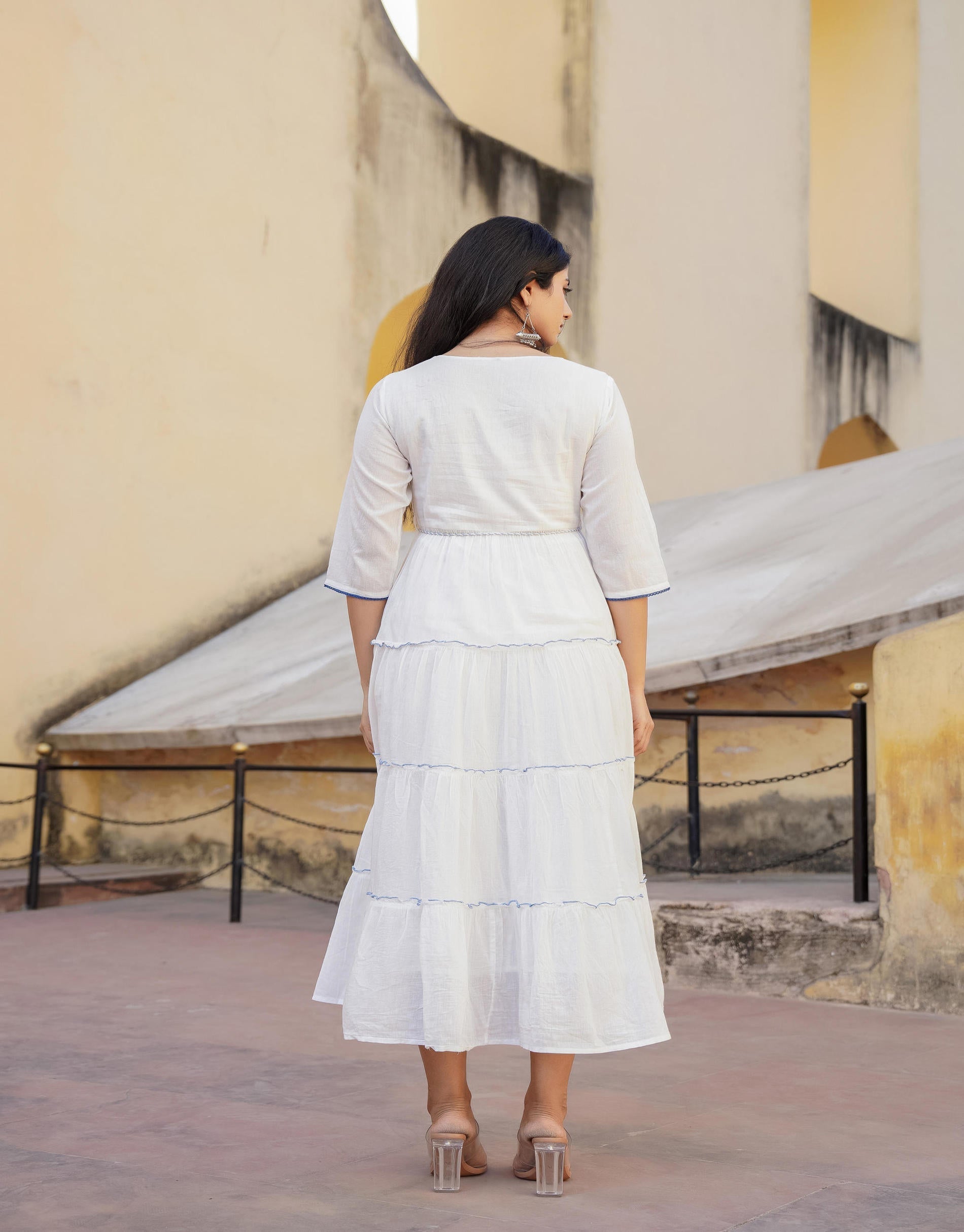 Juniper White Tiered Ethnic Maxi Dress with Powder Blue Floral Embroidery - Distacart