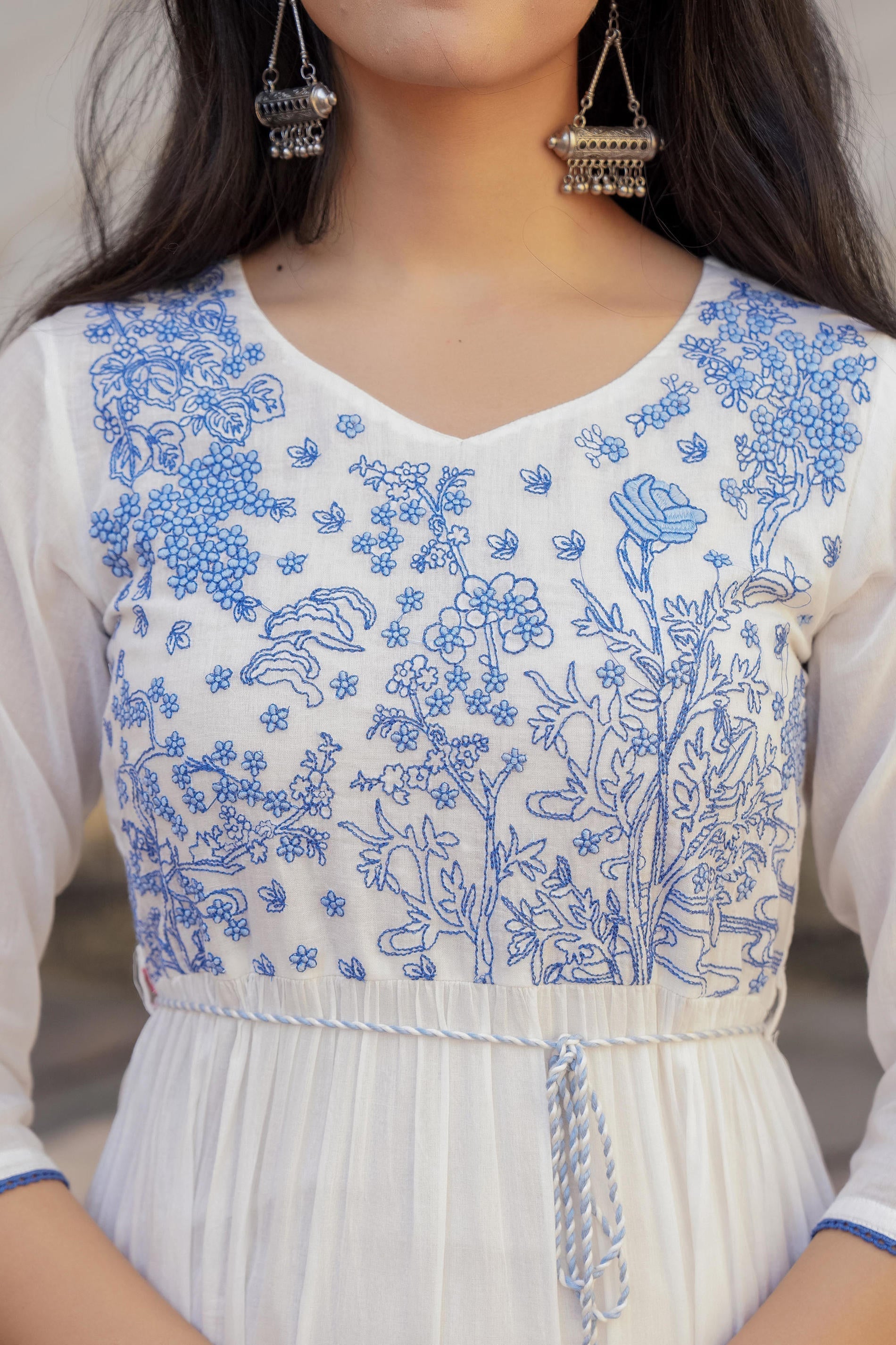 Juniper White Tiered Ethnic Maxi Dress with Powder Blue Floral Embroidery - Distacart