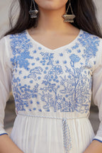 Juniper White Tiered Ethnic Maxi Dress With Powder Blue Floral Embroidery - Distacart