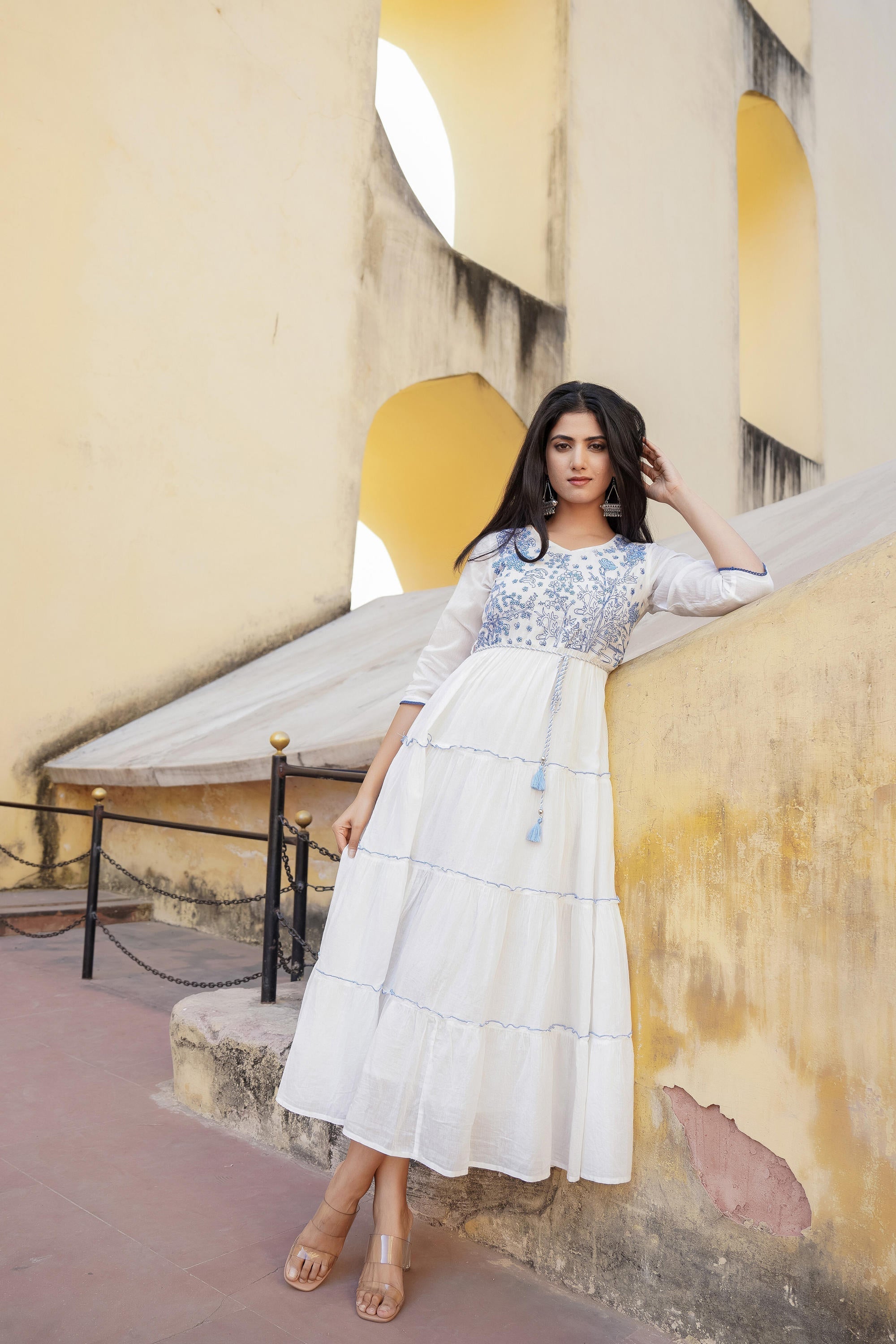 Juniper White Tiered Ethnic Maxi Dress with Powder Blue Floral Embroidery - Distacart