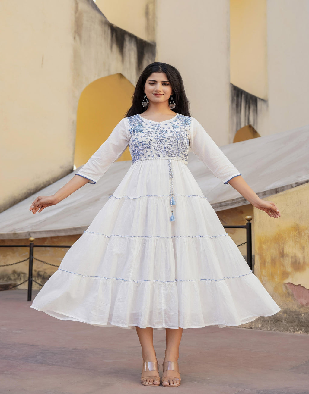 Juniper White Tiered Ethnic Maxi Dress with Powder Blue Floral Embroidery - Distacart