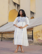 Juniper White Tiered Ethnic Maxi Dress with Powder Blue Floral Embroidery - Distacart