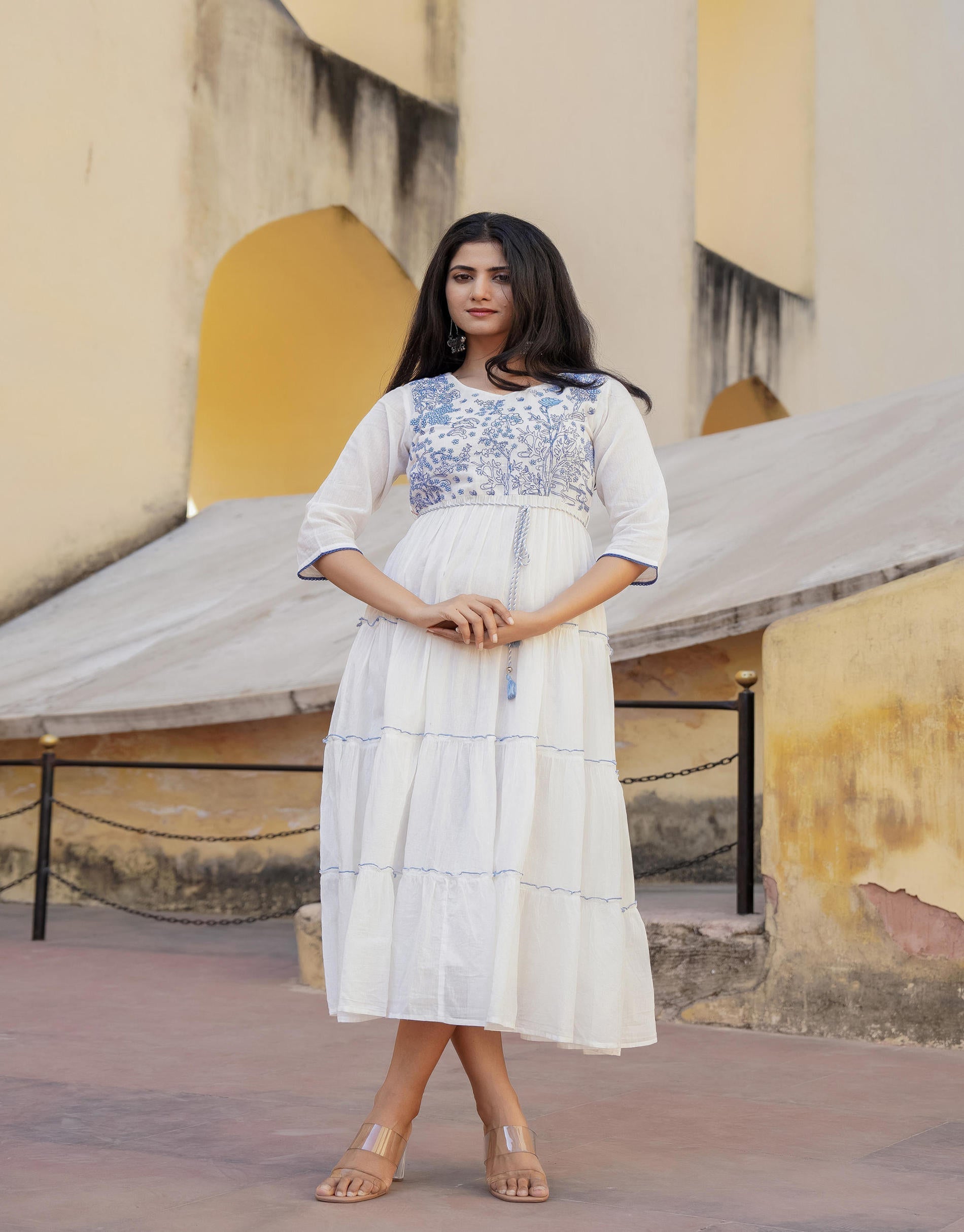 Juniper White Tiered Ethnic Maxi Dress with Powder Blue Floral Embroidery - Distacart