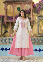 Juniper Ivory & Pink Solid Cotton Long Dress With Thread & Mirror Work - Distacart