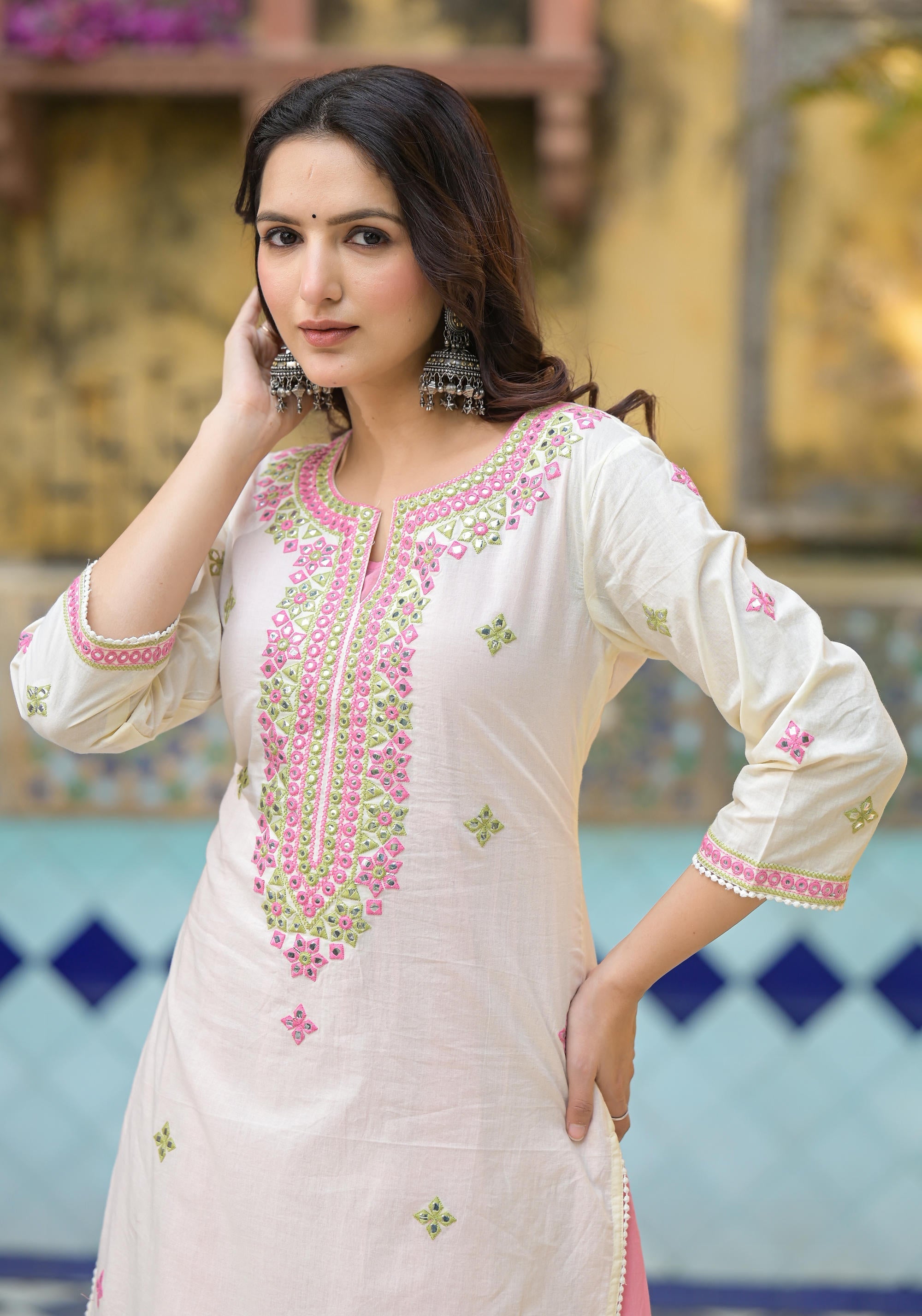 Juniper Ivory & Pink Solid Cotton Long Dress With Thread & Mirror Work - Distacart
