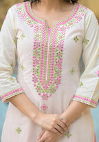 Juniper Ivory & Pink Solid Cotton Long Dress With Thread & Mirror Work - Distacart