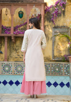Juniper Ivory & Pink Solid Cotton Long Dress With Thread & Mirror Work - Distacart