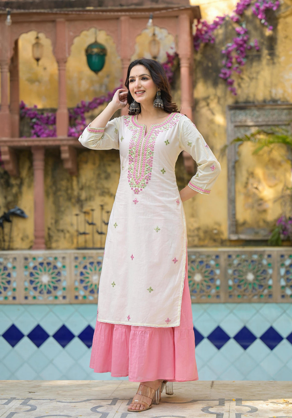 Juniper Ivory & Pink Solid Cotton Long Dress With Thread & Mirror Work - Distacart