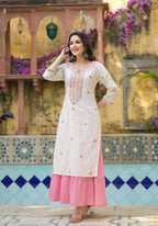 Juniper Ivory & Pink Solid Cotton Long Dress With Thread & Mirror Work - Distacart