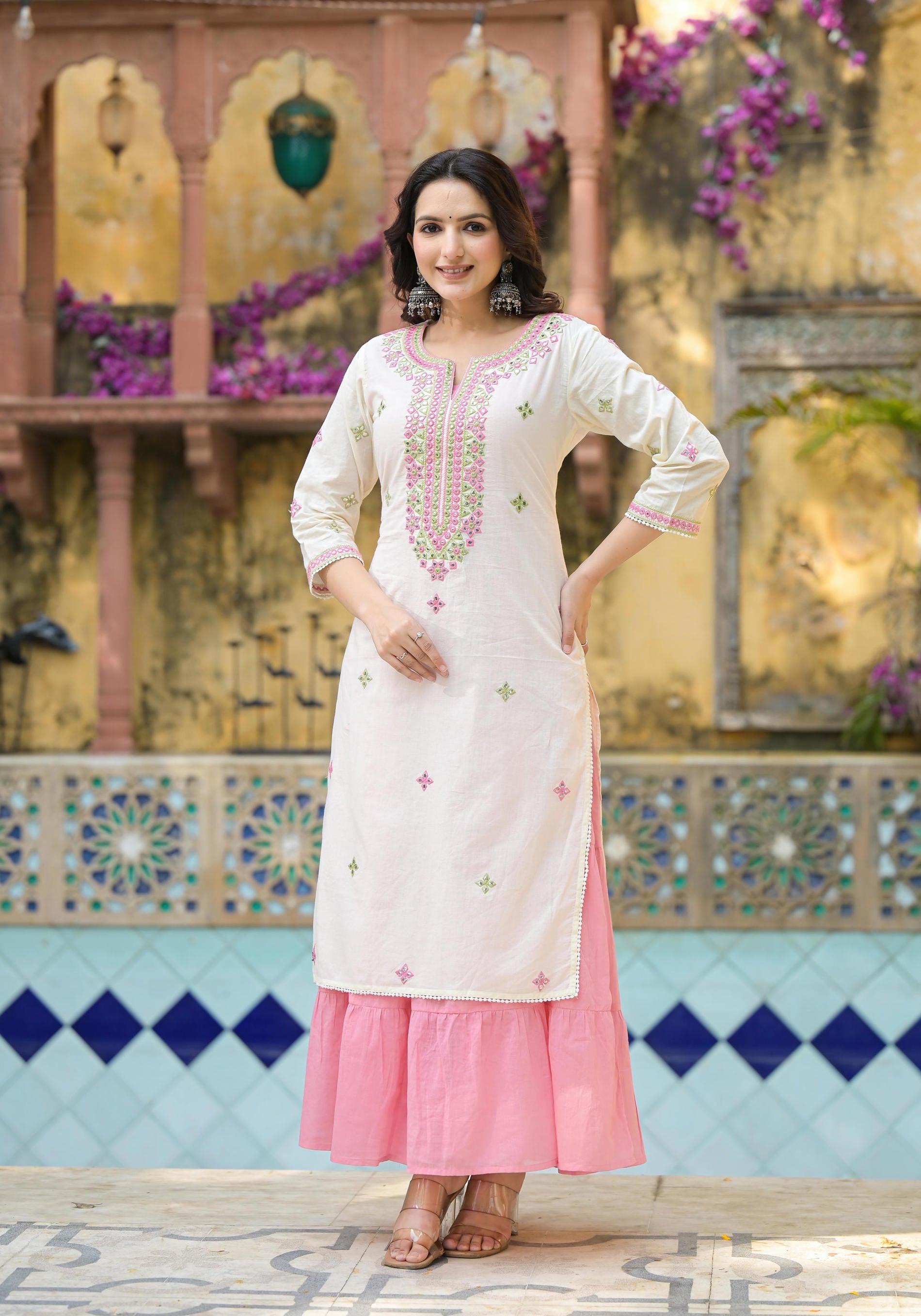 Juniper Ivory & Pink Solid Cotton Long Dress With Thread & Mirror Work - Distacart