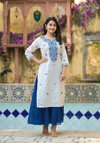 Juniper White & Blue Solid Cotton Long Dress With Thread & Mirror Work - Distacart