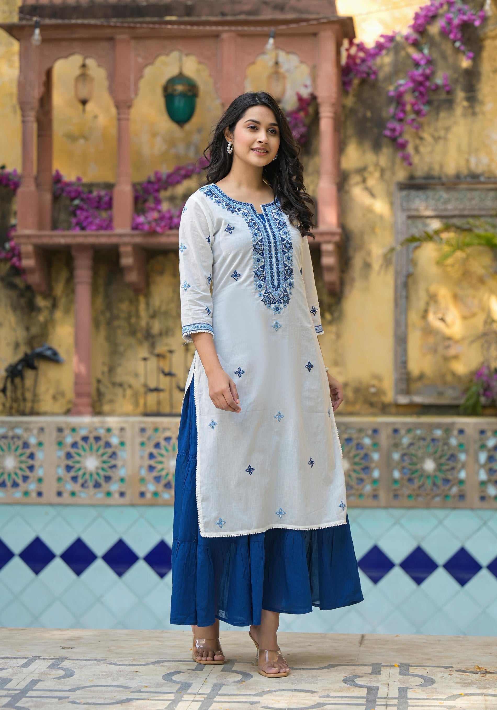 Juniper White & Blue Solid Cotton Long Dress With Thread & Mirror Work - Distacart