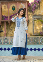 Juniper White & Blue Solid Cotton Long Dress With Thread & Mirror Work - Distacart