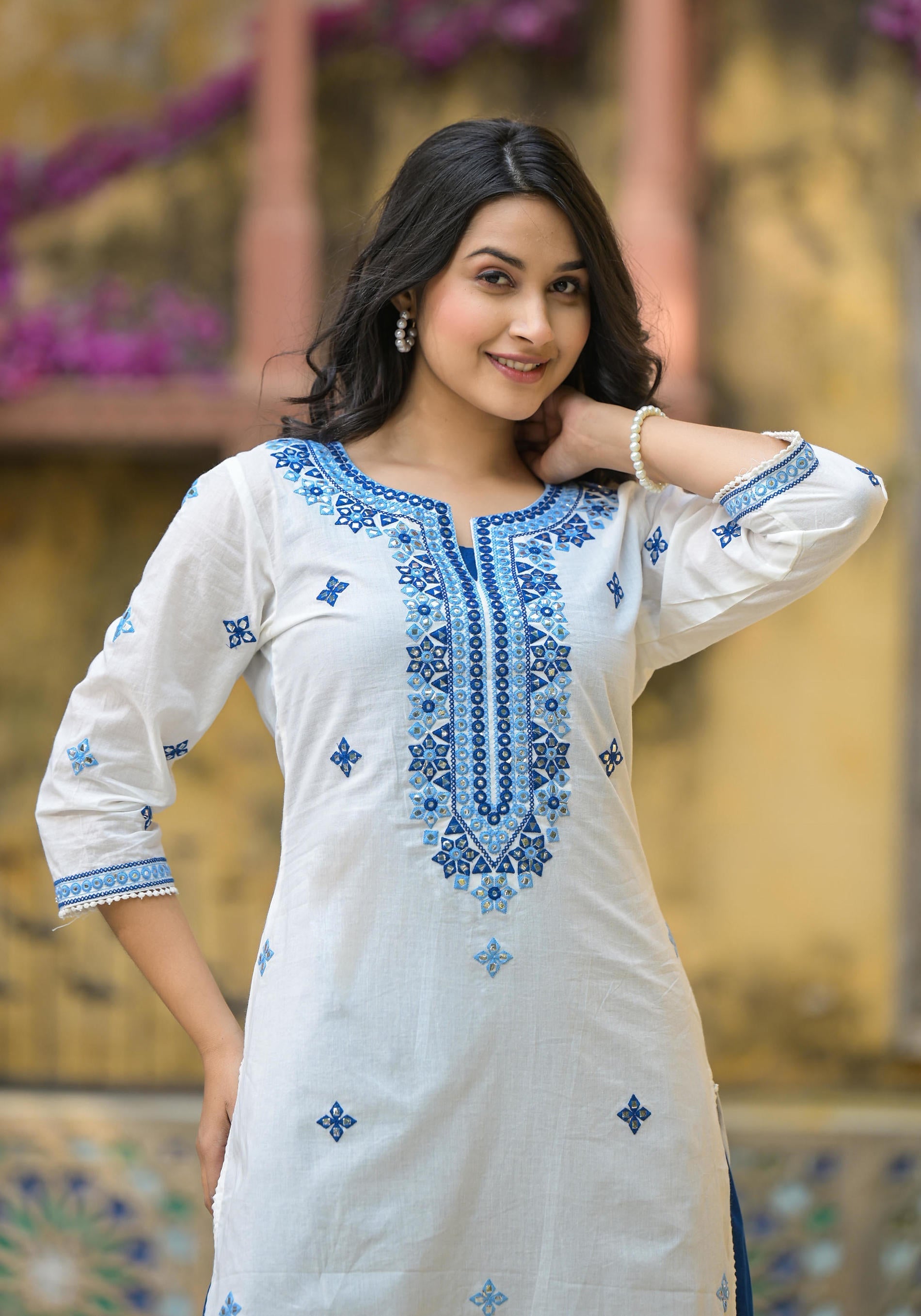 Juniper White & Blue Solid Cotton Long Dress With Thread & Mirror Work - Distacart