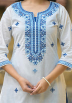 Juniper White & Blue Solid Cotton Long Dress With Thread & Mirror Work - Distacart