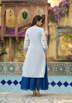 Juniper White & Blue Solid Cotton Long Dress With Thread & Mirror Work - Distacart