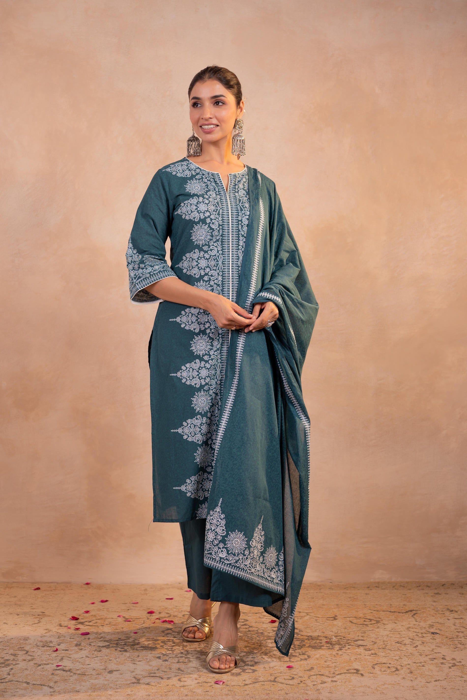 Juniper Teal Printed Kurta Pant And Dupatta Set - Distacart