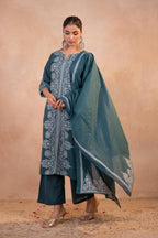 Juniper Teal Printed Kurta Pant And Dupatta Set - Distacart