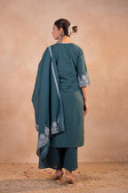 Juniper Teal Printed Kurta Pant And Dupatta Set - Distacart