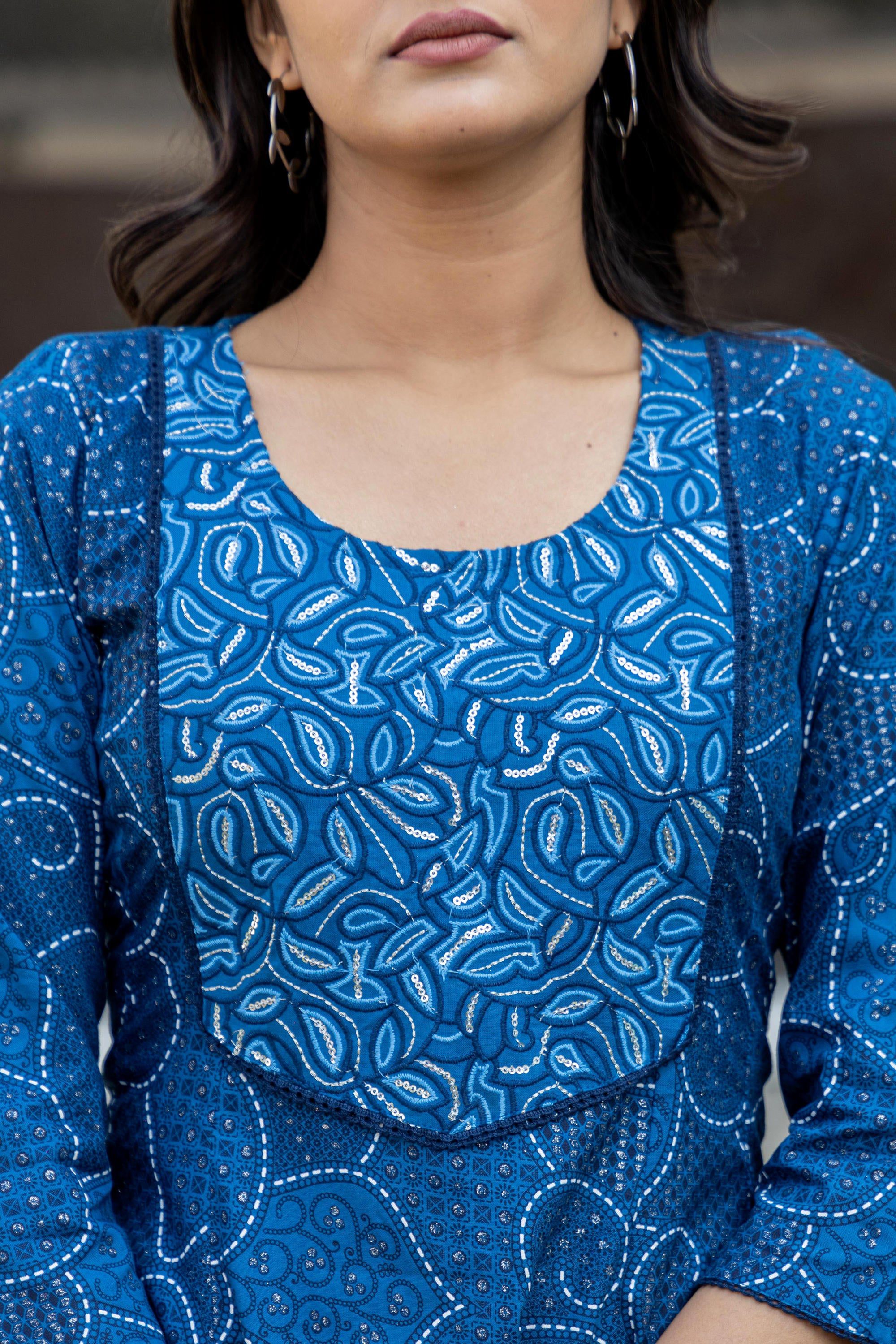 Juniper Blue Ethnic Motif Printed Viscose Kurta With Sequins - Distacart