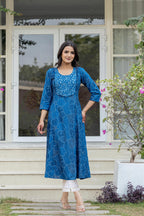 Juniper Blue Ethnic Motif Printed Viscose Kurta With Sequins - Distacart
