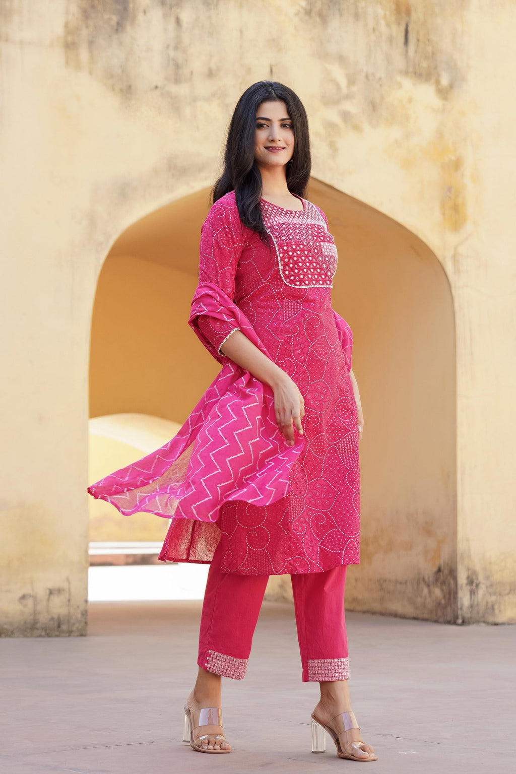 Juniper Fuchsia Ethnic Motif Printed Cotton Kurta Pant And Dupatta Set With Mirror & Thread Work - Distacart