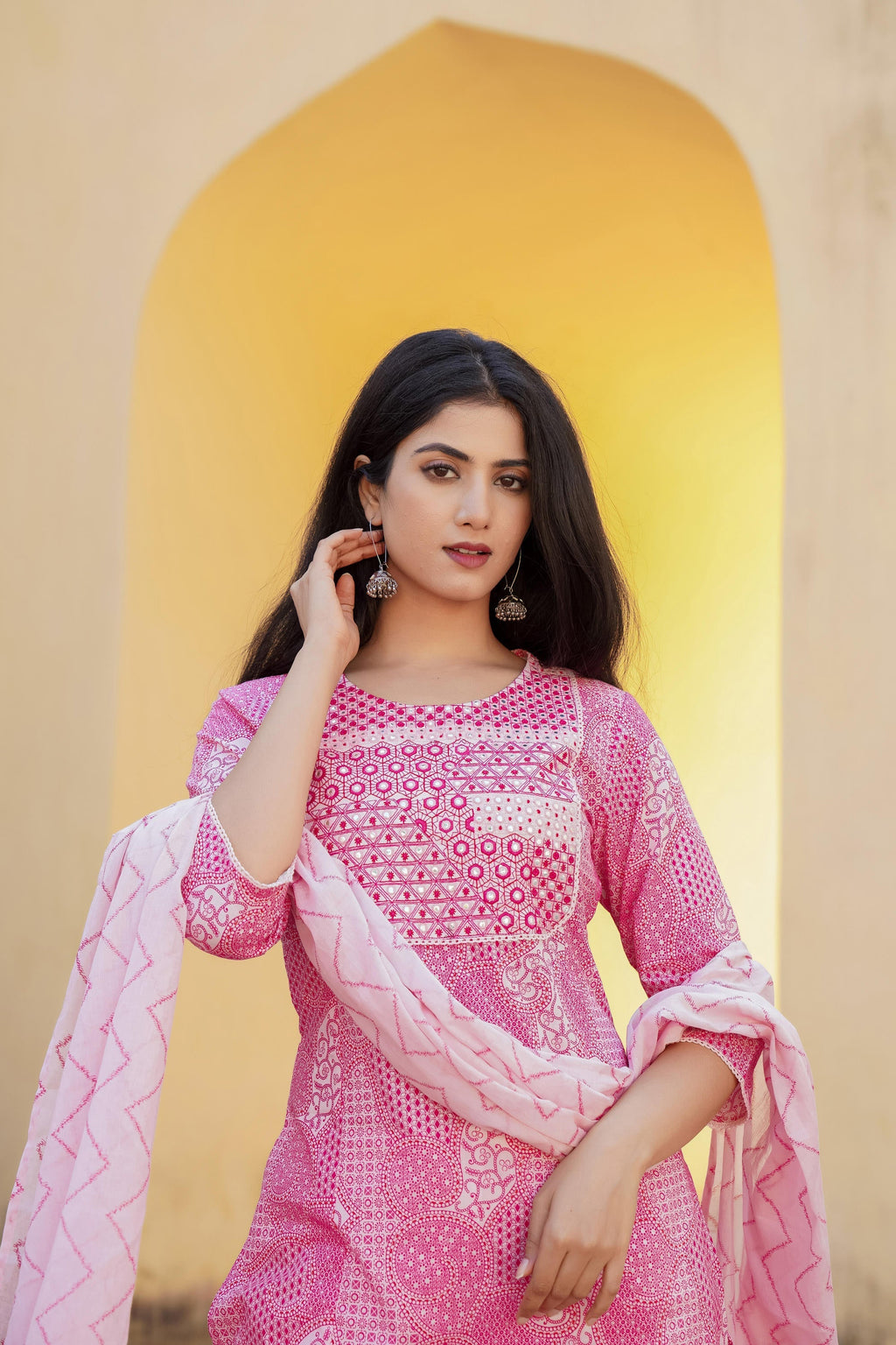 Juniper Light Pink Ethnic Motif Printed Kurta Pant And Dupatta Set With Mirror & Thread Work - Distacart