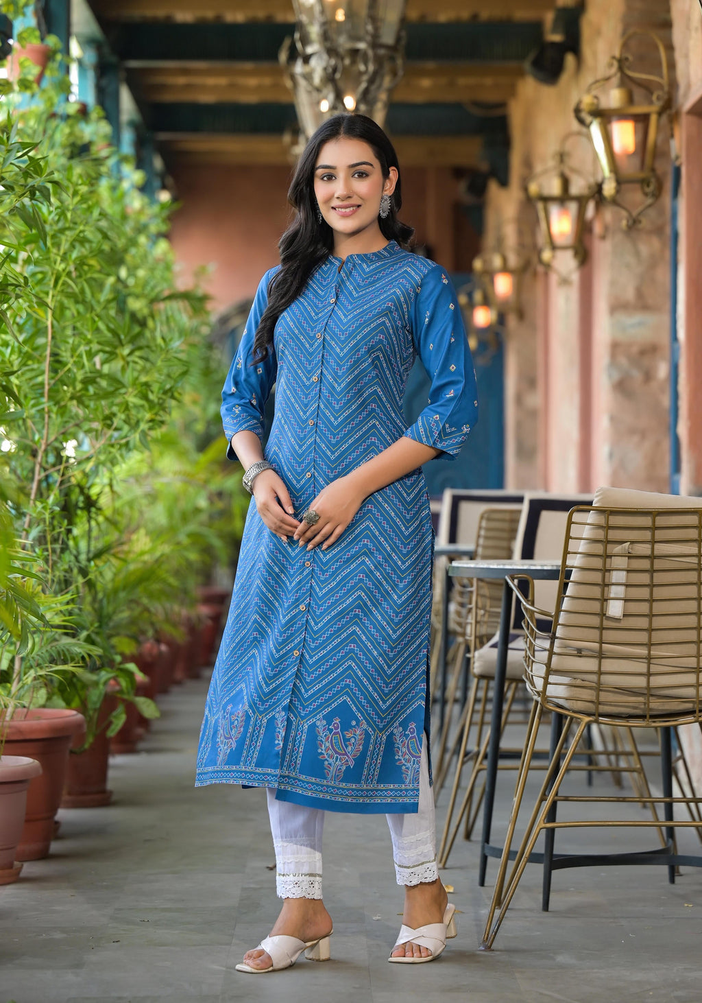 Juniper Blue Ethnic Motif Printed Viscose Kurta With Button Closure - Distacart