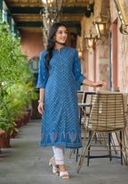 Juniper Blue Ethnic Motif Printed Viscose Kurta With Button Closure - Distacart