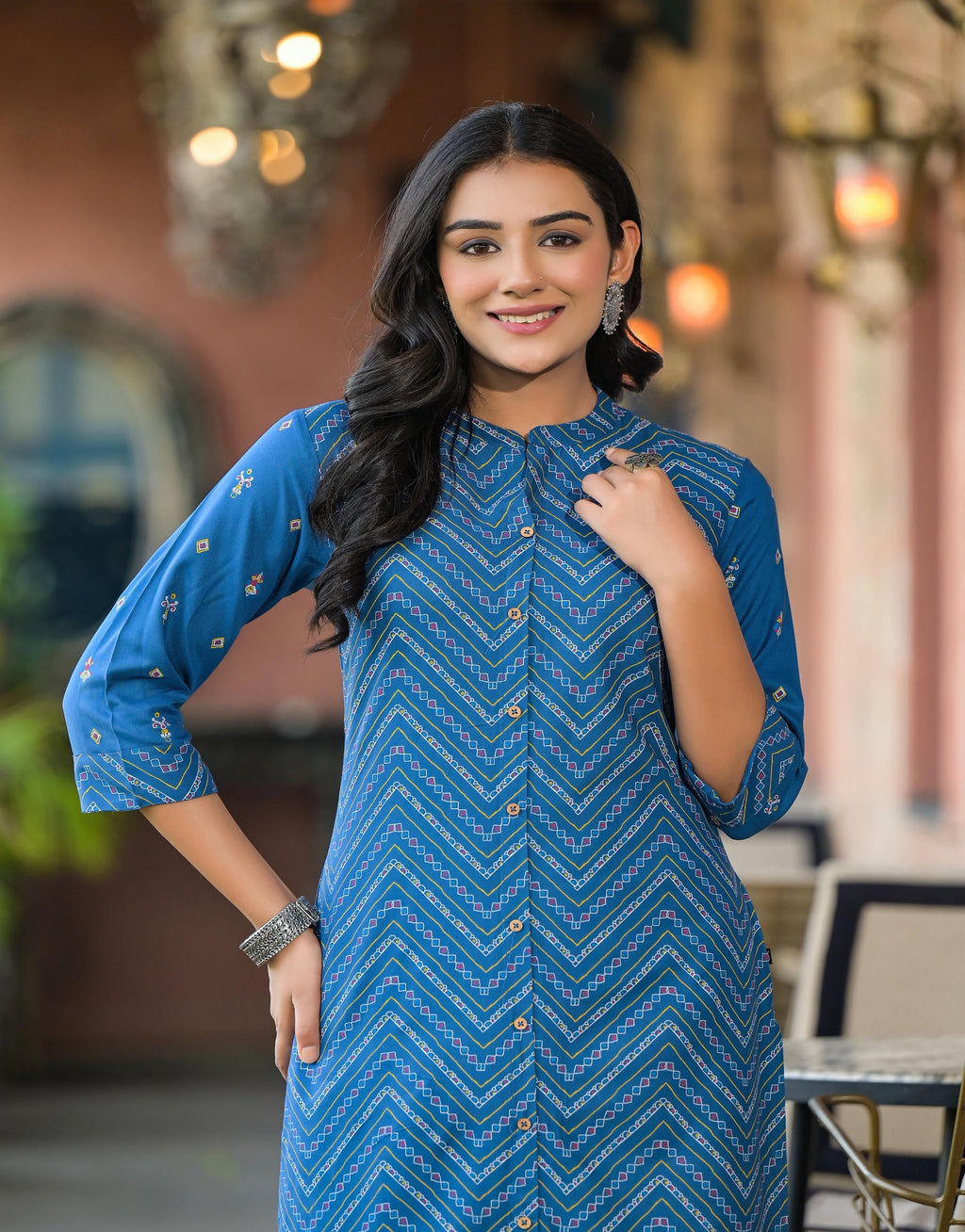 Juniper Blue Ethnic Motif Printed Viscose Kurta With Button Closure - Distacart