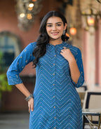 Juniper Blue Ethnic Motif Printed Viscose Kurta With Button Closure - Distacart