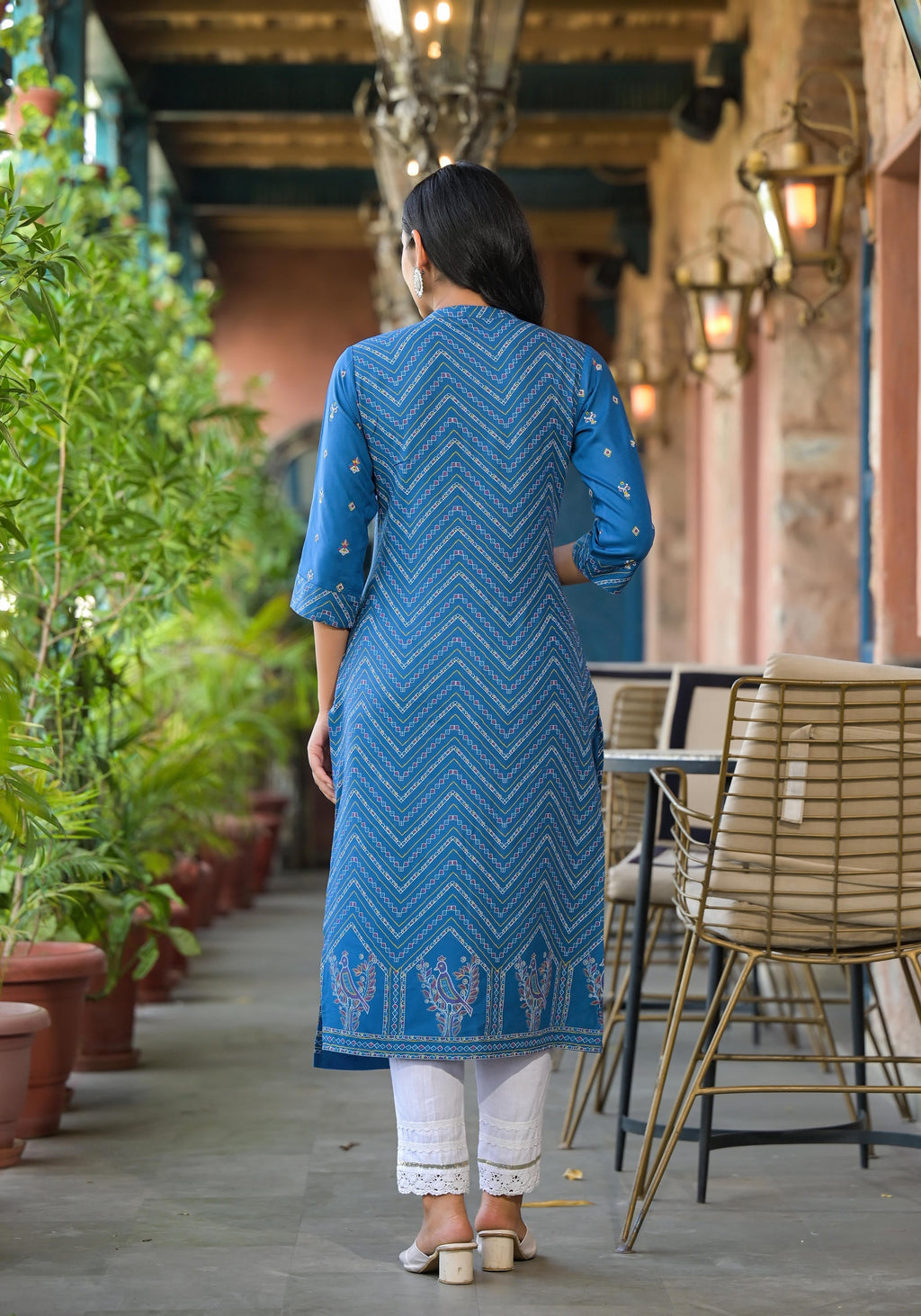 Juniper Blue Ethnic Motif Printed Viscose Kurta With Button Closure - Distacart
