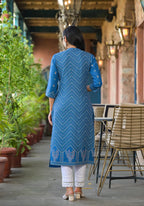 Juniper Blue Ethnic Motif Printed Viscose Kurta With Button Closure - Distacart