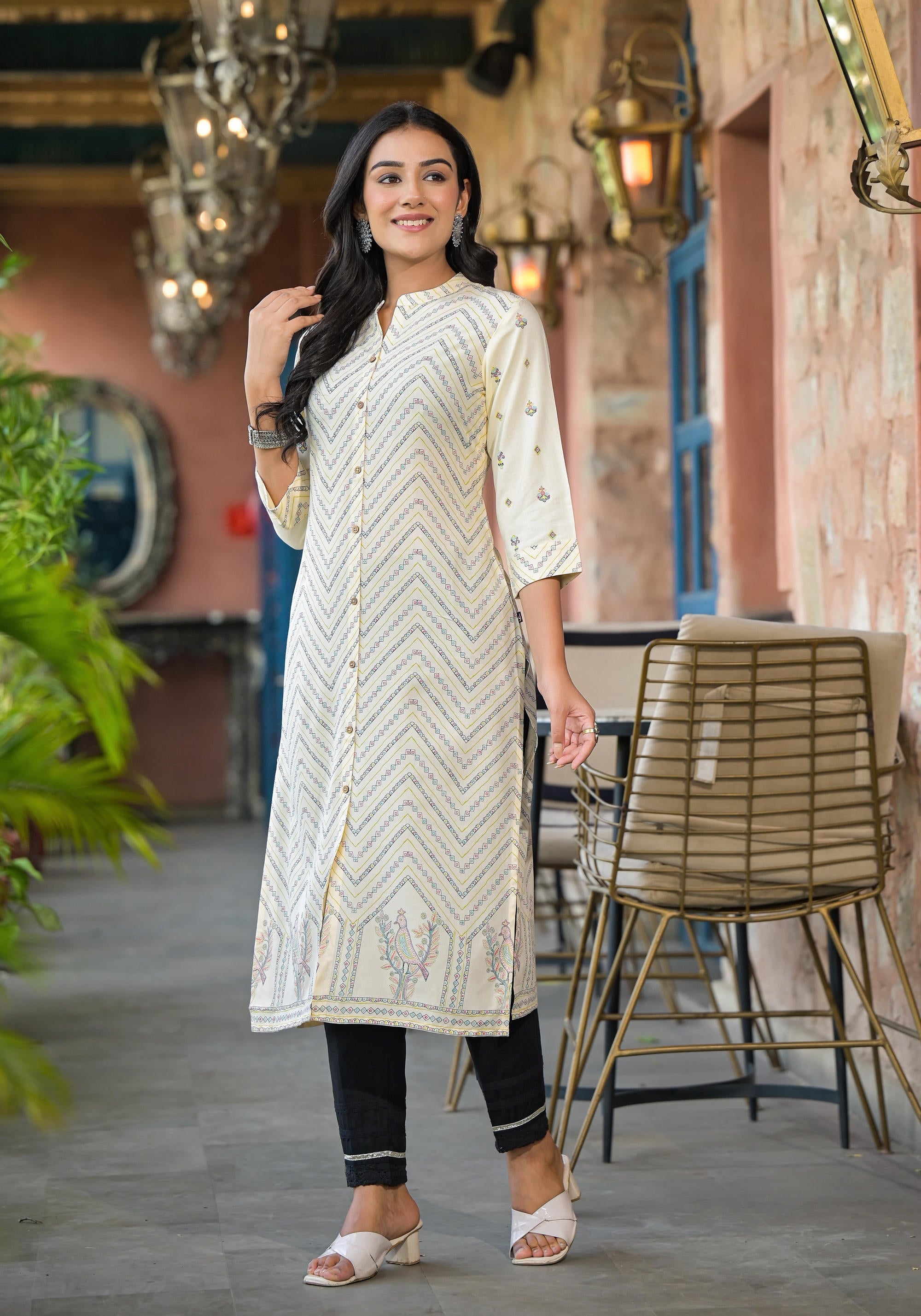 Juniper Ivory Ethnic Motif Printed Viscose Kurta With Button Closure - Distacart