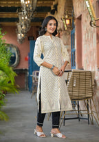 Juniper Ivory Ethnic Motif Printed Viscose Kurta With Button Closure - Distacart