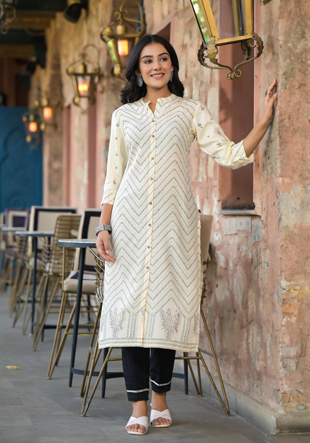 Juniper Ivory Ethnic Motif Printed Viscose Kurta With Button Closure - Distacart