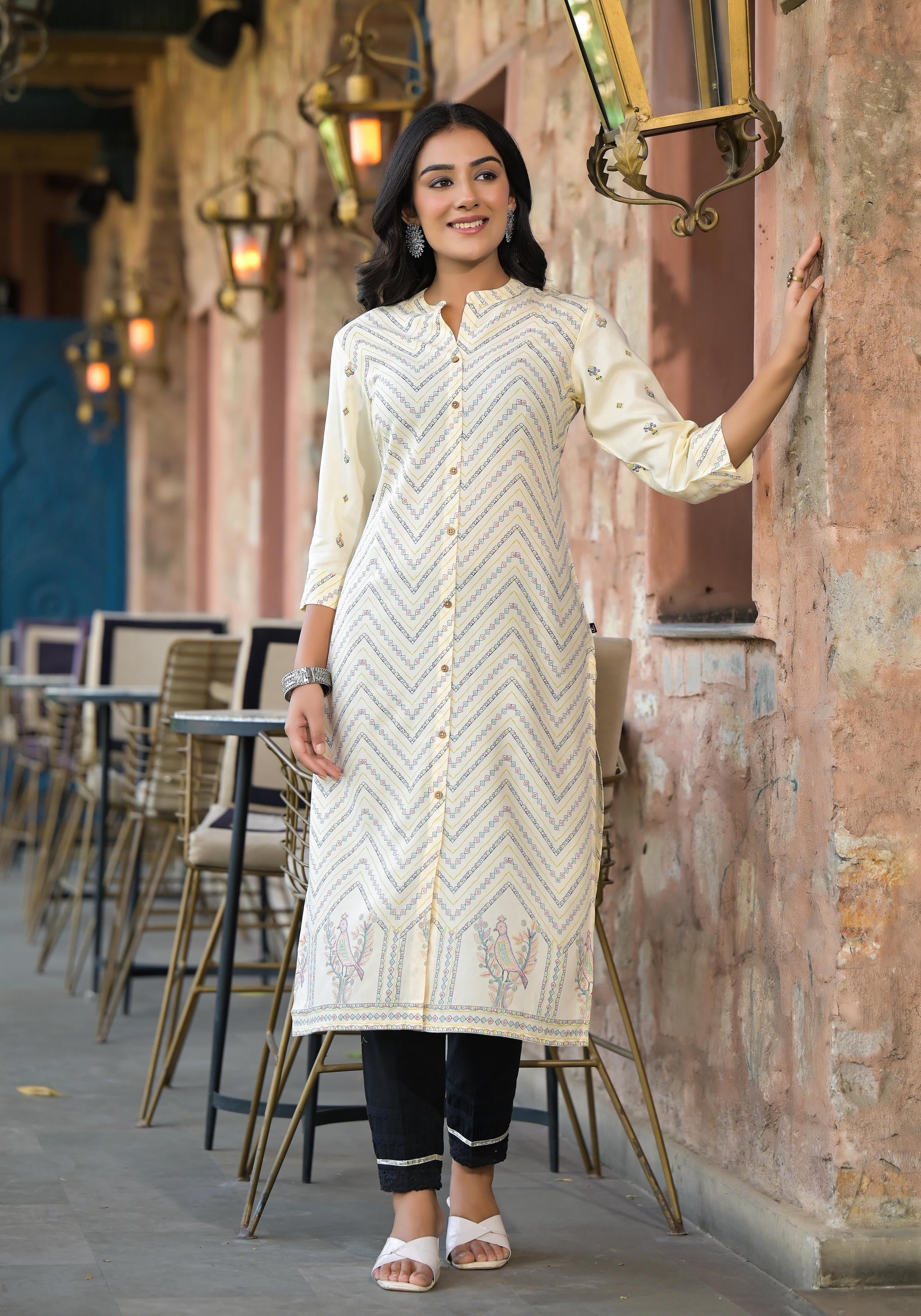 Juniper Ivory Ethnic Motif Printed Viscose Kurta With Button Closure - Distacart