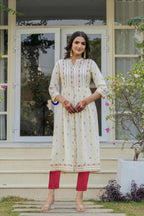 Juniper Ivory Floral Printed Cotton Kurta With Thread Work & Lace - Distacart